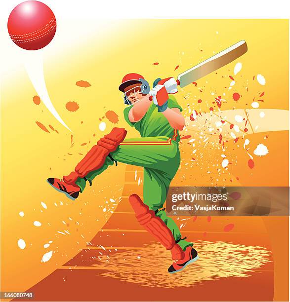 ilustraciones, imágenes clip art, dibujos animados e iconos de stock de jugador de críquet golpea el balón para seis personas - cricket