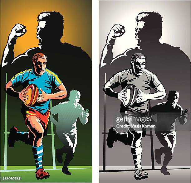 rugby player in action - color and monochrome - rugby ball 幅插畫檔、美工圖案、卡通及圖標