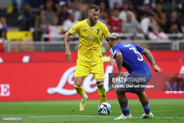 Andriy Yarmolenko of Ukraine controls the ball during the UEFA EURO 2024 European qualifier match between Italy and Ukraine at Stadio San Siro on...