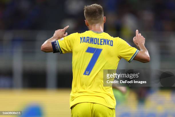 Andriy Yarmolenko of Ukraine celebrates after scoring his team's first goal during the UEFA EURO 2024 European qualifier match between Italy and...