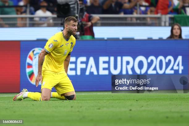 Andriy Yarmolenko of Ukraine looks dejected during the UEFA EURO 2024 European qualifier match between Italy and Ukraine at Stadio San Siro on...