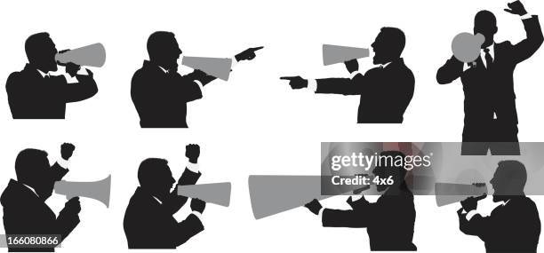 multiple images of a businessman shouting into bullhorn - man shouting megaphone stock illustrations