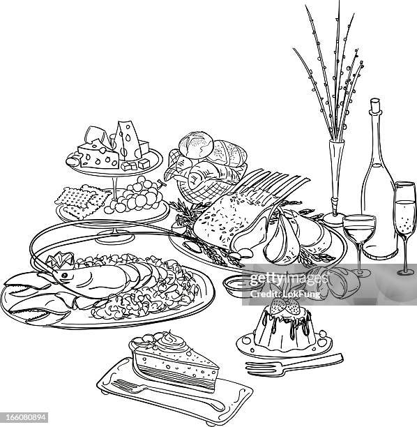 feast illustration in black and white - cheese and champagne stock illustrations