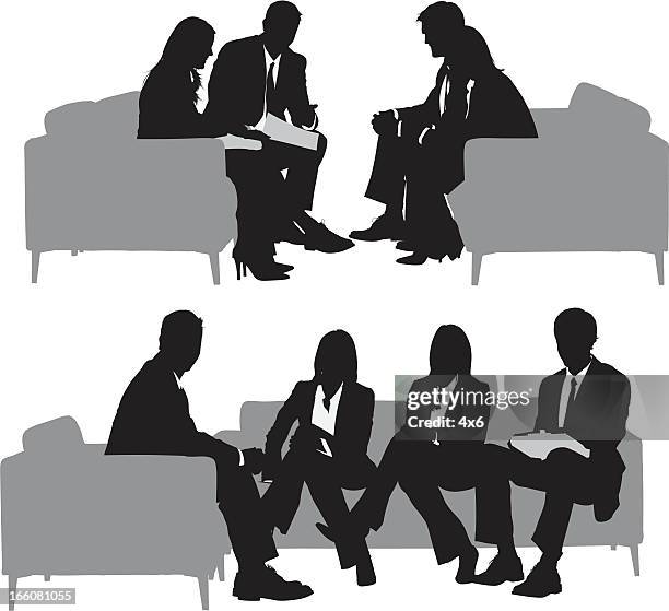 silhouette of business executives in a meeting - silhouette meeting stock illustrations