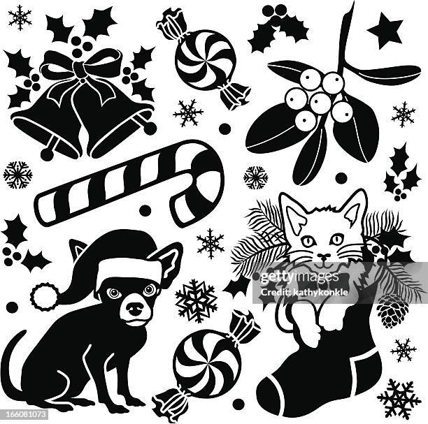 christmas design elements - dog cat snow stock illustrations