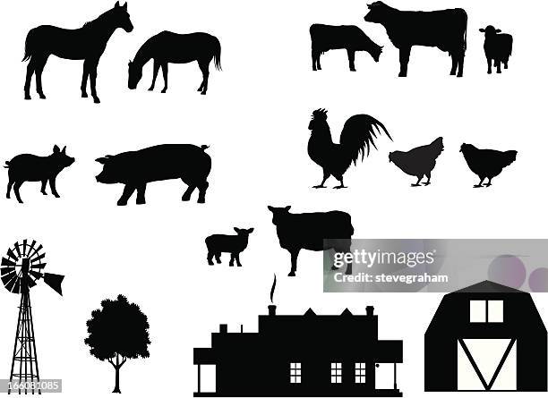 bauernhof tiere silhouetten - schweinefleisch stock-grafiken, -clipart, -cartoons und -symbole
