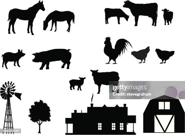 bauernhof tiere silhouetten - nutztier stock-grafiken, -clipart, -cartoons und -symbole