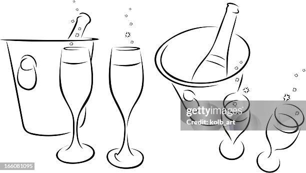 linie drawn champagner-icons - sektkorken stock-grafiken, -clipart, -cartoons und -symbole