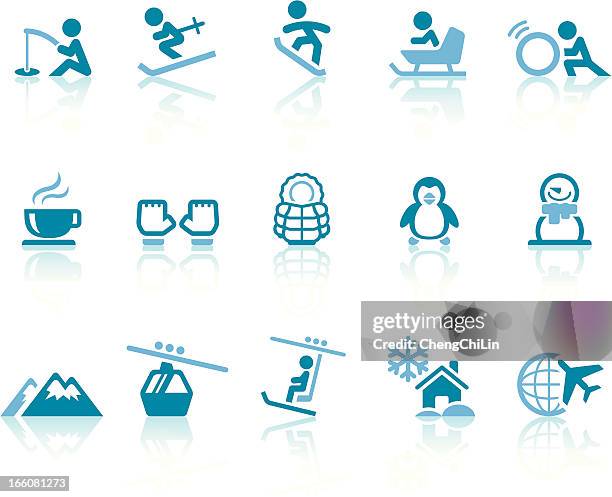 winter vacation icons | simple blue series - ice fishing stock illustrations