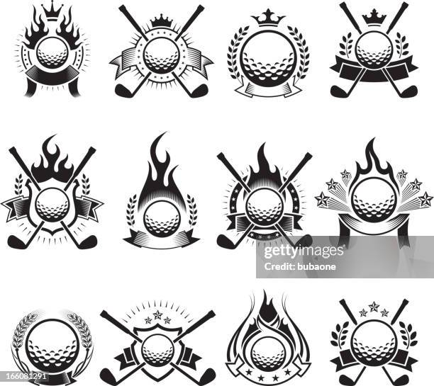 ilustrações de stock, clip art, desenhos animados e ícones de bola de golfe emblemas preto e branco royalty-free vector conjunto de ícones - golf