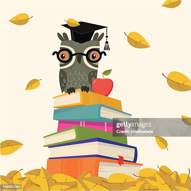 stockillustraties, clipart, cartoons en iconen met back to school - stack of book with owl - afstudeer toga