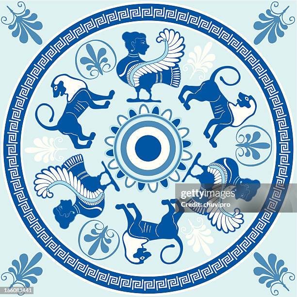 illustrations, cliparts, dessins animés et icônes de les sirènes et lions ornement grec dans des tons bleu et blanc - greek pattern