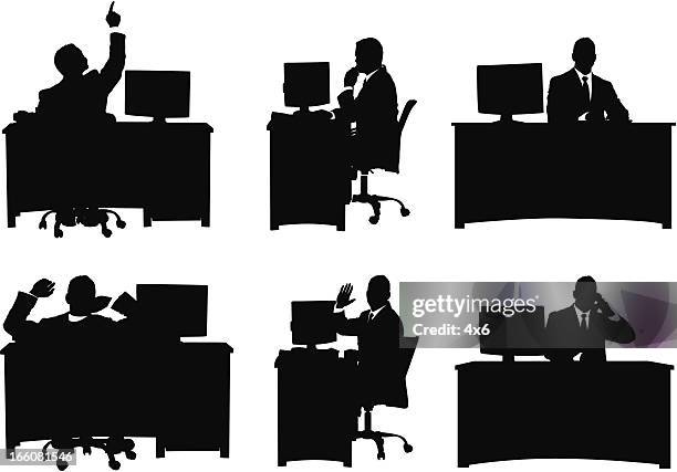 ilustraciones, imágenes clip art, dibujos animados e iconos de stock de varias imágenes de un hombre de negocios trabajando en su oficina - vista posterior