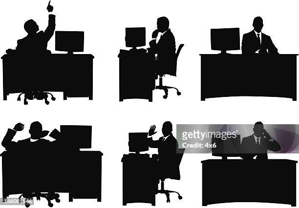 illustrazioni stock, clip art, cartoni animati e icone di tendenza di immagine multipla di un imprenditore che lavora nel suo ufficio - stare seduto