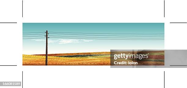 stockillustraties, clipart, cartoons en iconen met panoramic landscape with hills and vintage power pole - omgeploegd veld