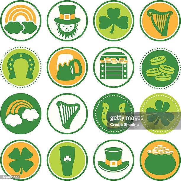 saint patricks day - circle icons/seals - golden horseshoe stock illustrations