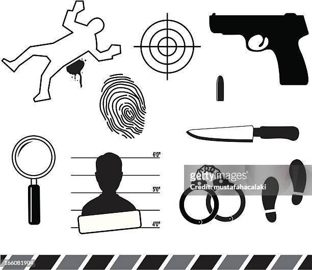 illustrazioni stock, clip art, cartoni animati e icone di tendenza di simboli di indagine - crimine