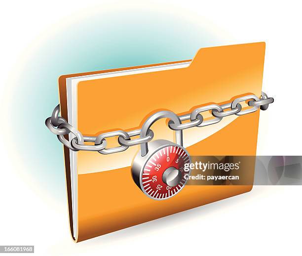 graphics of a documents in a folder with a chain and lock - top secret folder stock illustrations