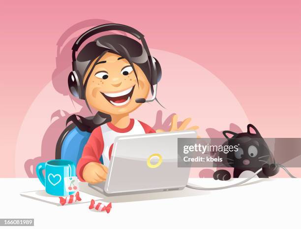 girl chatting on the internet - cat sitting stock illustrations