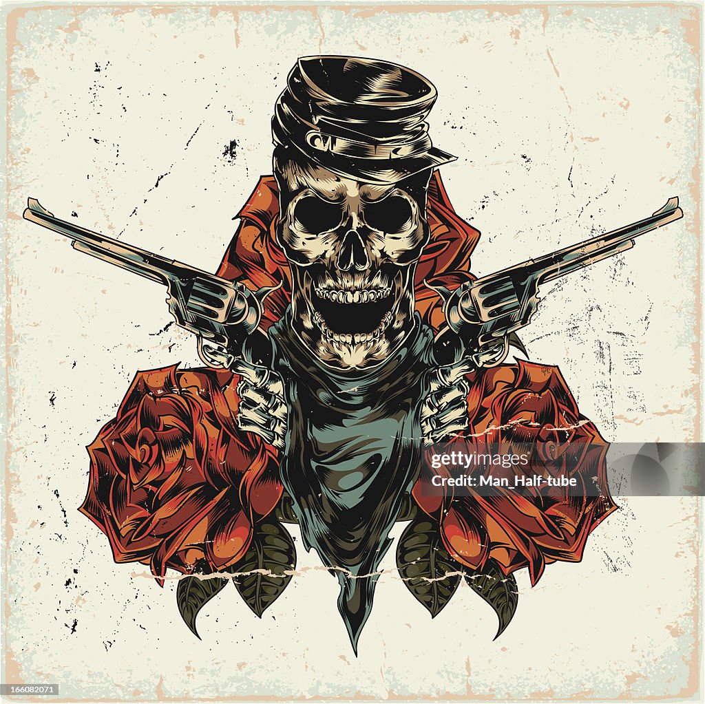 Skeleton with two revolvers on abstract background