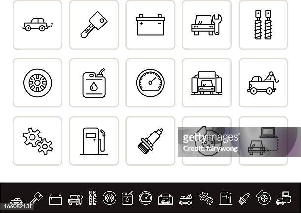 fifteen black and white car repair icons - tow truck icons stock illustrations