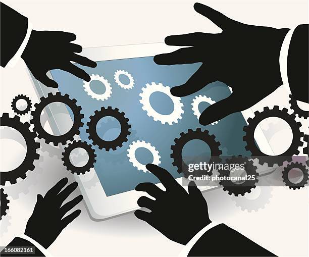 teamwork on a tablet - hand using ipad stock illustrations