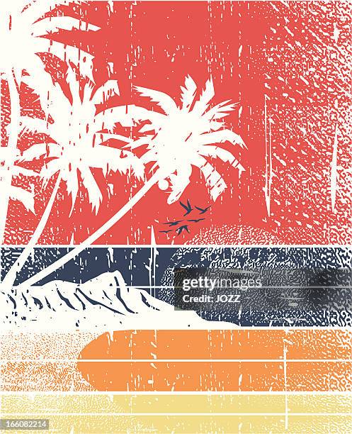 retro island sunset - seagull stock illustrations