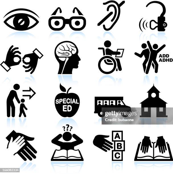 ilustraciones, imágenes clip art, dibujos animados e iconos de stock de discapacidad y educación especial negro & conjunto de iconos de vector blanco - hearing aid