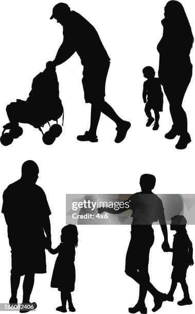 silhouette von familien - mum pushing pram stock-grafiken, -clipart, -cartoons und -symbole