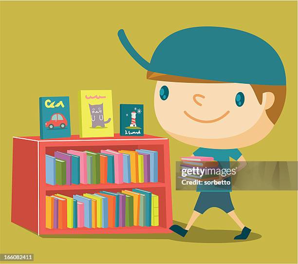 illustrazioni stock, clip art, cartoni animati e icone di tendenza di ragazzo alla libreria - mensola per libri