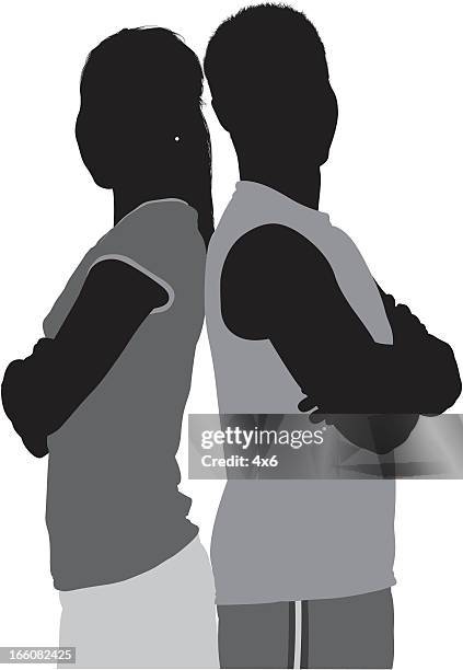 stockillustraties, clipart, cartoons en iconen met silhouette of sports people standing with their arms crossed - back to back