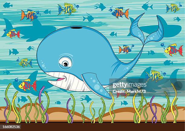 illustrations, cliparts, dessins animés et icônes de mignon baleine & poissons tropicaux - event