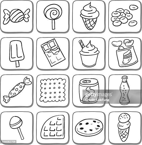 doodle snack icon set in black and white - ice cream scoop stock illustrations