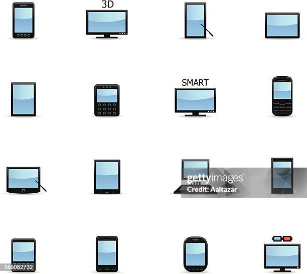 ilustrações, clipart, desenhos animados e ícones de cor ícones de dispositivos inteligentes: smartphone, tablet, smarttv - teclado ergonômico