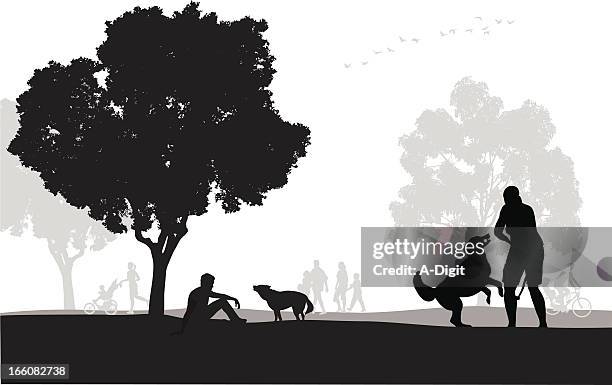 dogpark - frauen hund park stock-grafiken, -clipart, -cartoons und -symbole