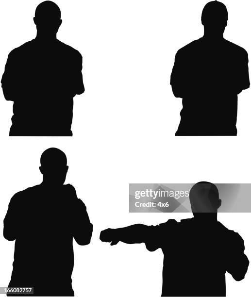 multiple images of a man posing - shaved head stock illustrations