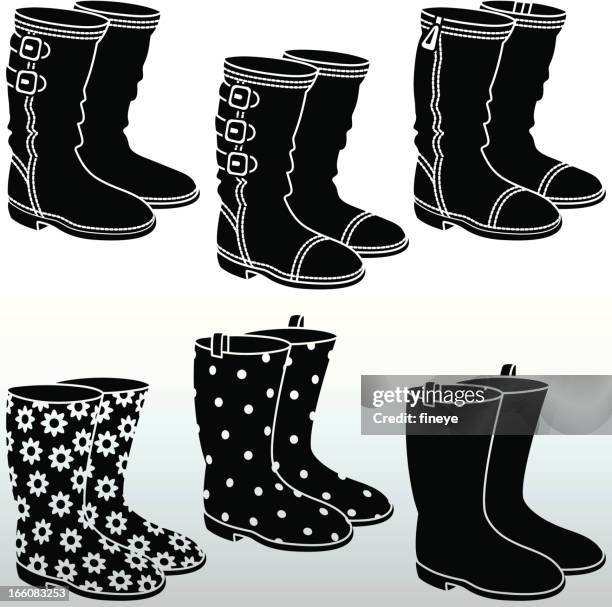 stiefel und das wellingtons & weiß schwarz - gummistiefel stock-grafiken, -clipart, -cartoons und -symbole