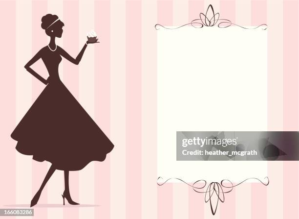 woman holding cupcake - evening gown silhouette stock illustrations