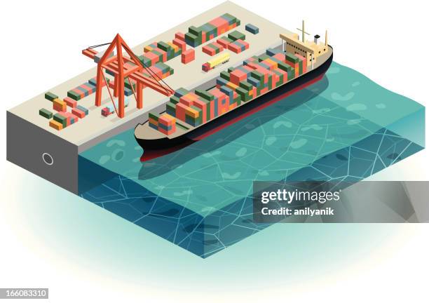 frachtschiff im hafen - industriell genutztes schiff stock-grafiken, -clipart, -cartoons und -symbole