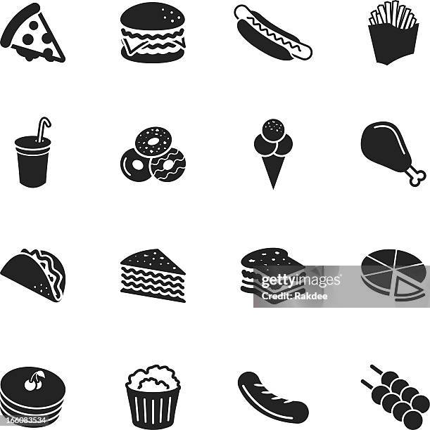 ilustraciones, imágenes clip art, dibujos animados e iconos de stock de silueta de iconos de comida rápida - rosquillas