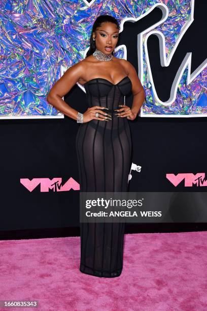 Rapper Megan Thee Stallion arrives for the MTV Video Music Awards at the Prudential Center in Newark, New Jersey, on September 12, 2023.