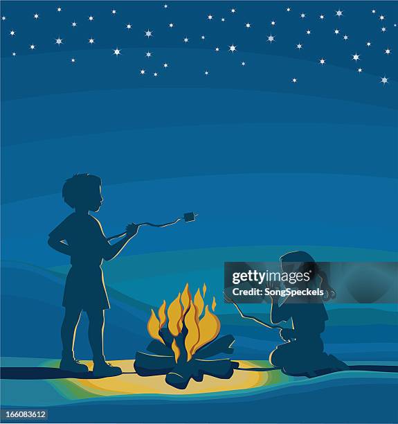 kids roasting marshmallows - roasting marshmallow stock illustrations
