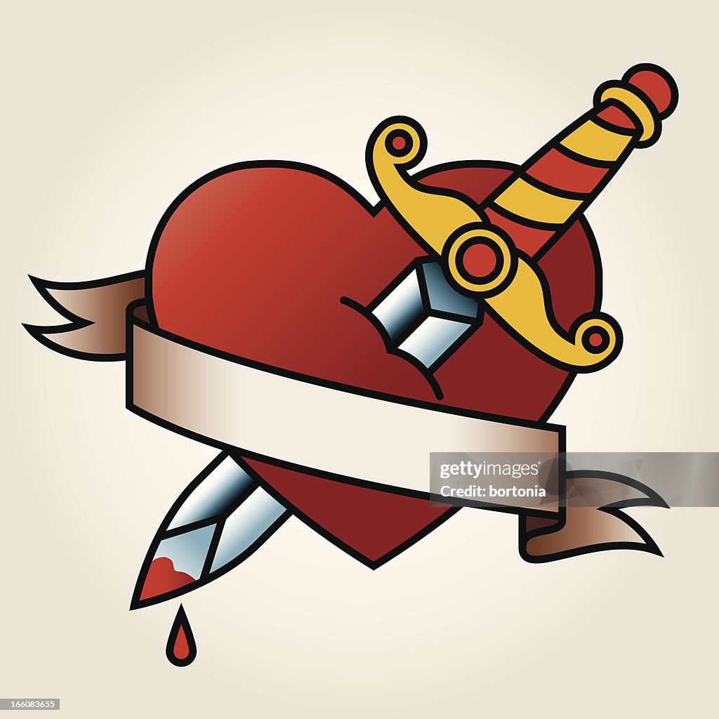 Clásico marino-tatuaje estilo corazón sangriento y puñal