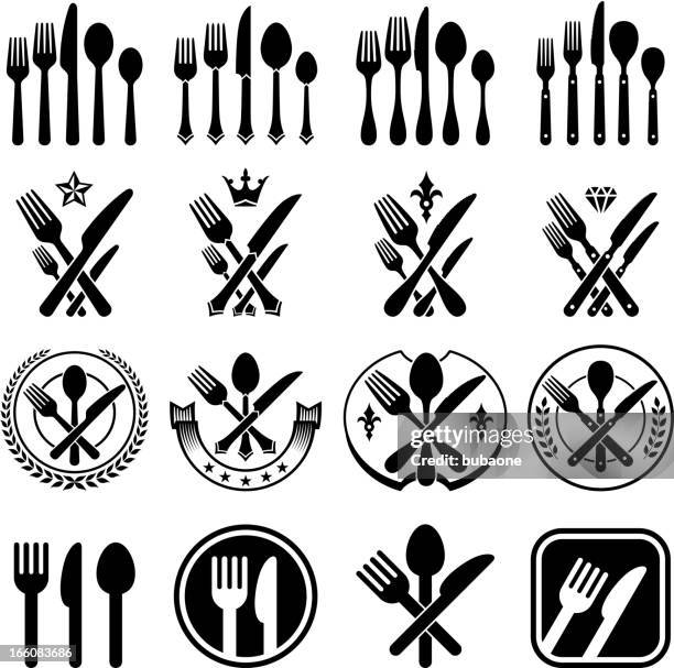 ilustraciones, imágenes clip art, dibujos animados e iconos de stock de utensilios de cocina y cubiertos se bifurque knifes spoons vector icono conjunto - etiket