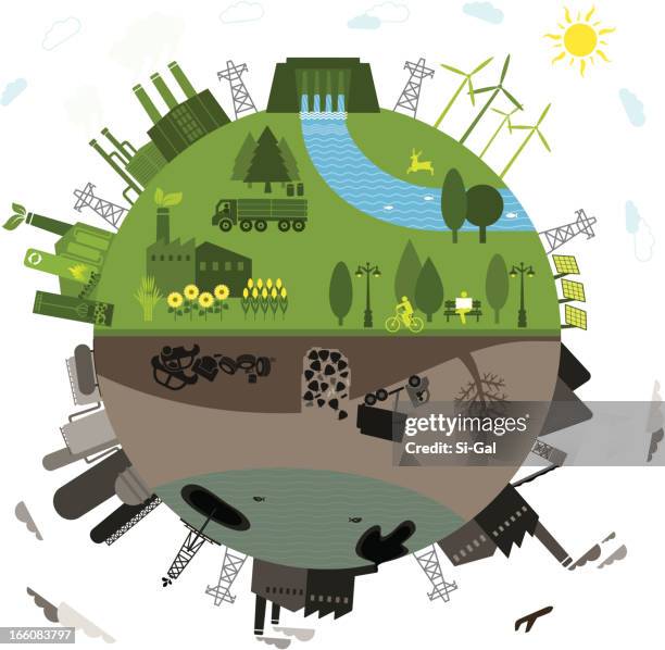 ilustraciones, imágenes clip art, dibujos animados e iconos de stock de verde vs. contaminado - wind power