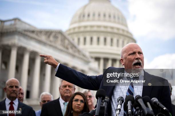 Rep. Chip Roy speaks at a news conference with members of the House Freedom Caucus outside the U.S. Capitol on September 12, 2023 in Washington, DC....