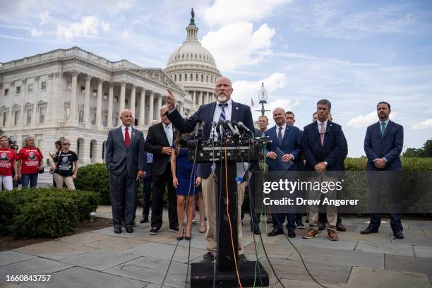 Rep. Chip Roy speaks during a news conference with members of the House Freedom Caucus outside the U.S. Capitol on September 12, 2023 in Washington,...