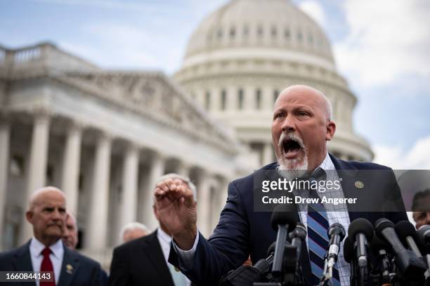 Rep. Chip Roy speaks at a news conference with members of the House Freedom Caucus outside the U.S. Capitol on September 12, 2023 in Washington, DC....