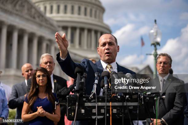 Rep. Bob Good speaks during a news conference with members of the House Freedom Caucus outside the U.S. Capitol on September 12, 2023 in Washington,...