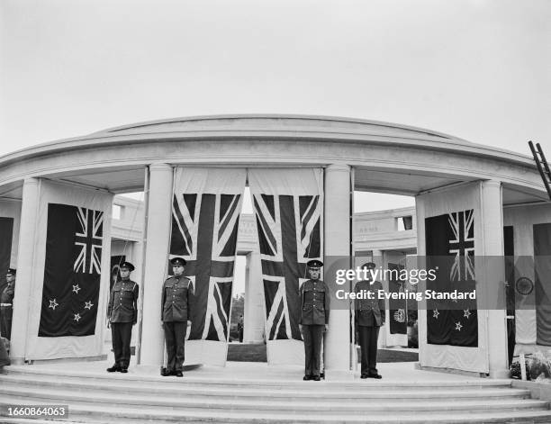 Soldiers standing to attention at the unveiling of the Brookwood war memorial at the Brookwood Military Cemetery in Surrey, October 25th 1958.